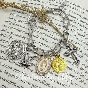 Heirloom Oddity +Silver and Gold Religious  multi Charm Bracelet